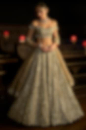Bronze Satin Organza & Organza Embellished Bridal Lehenga Set by Varun Chakkilam at Pernia's Pop Up Shop