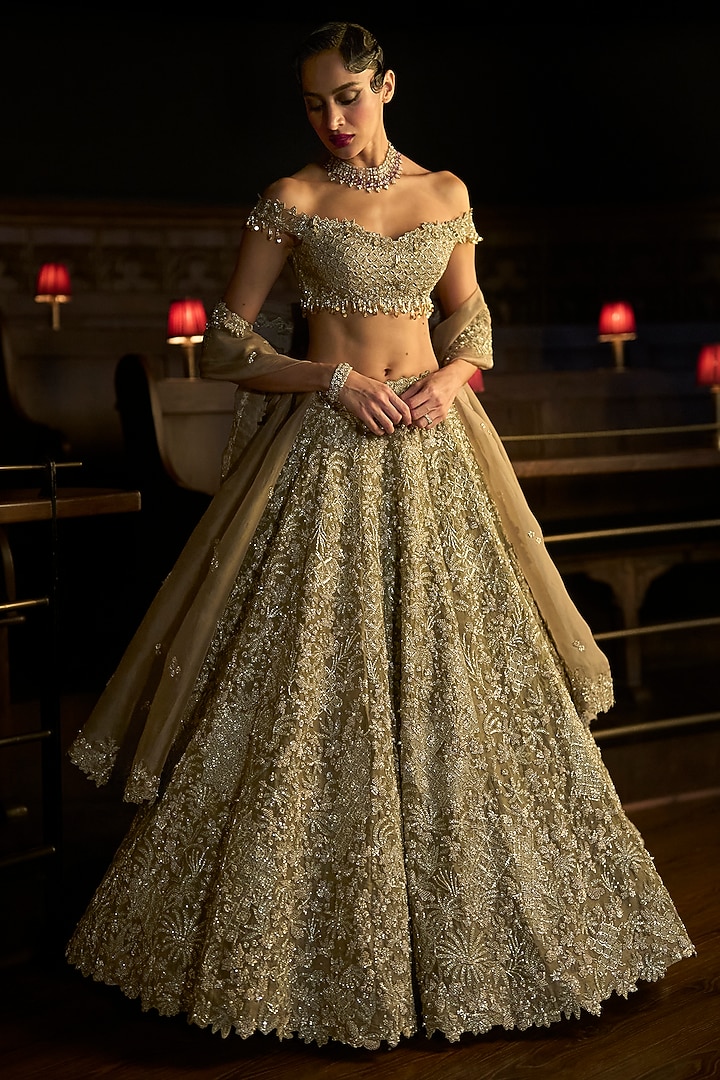 Bronze Satin Organza & Organza Embellished Bridal Lehenga Set by Varun Chakkilam at Pernia's Pop Up Shop
