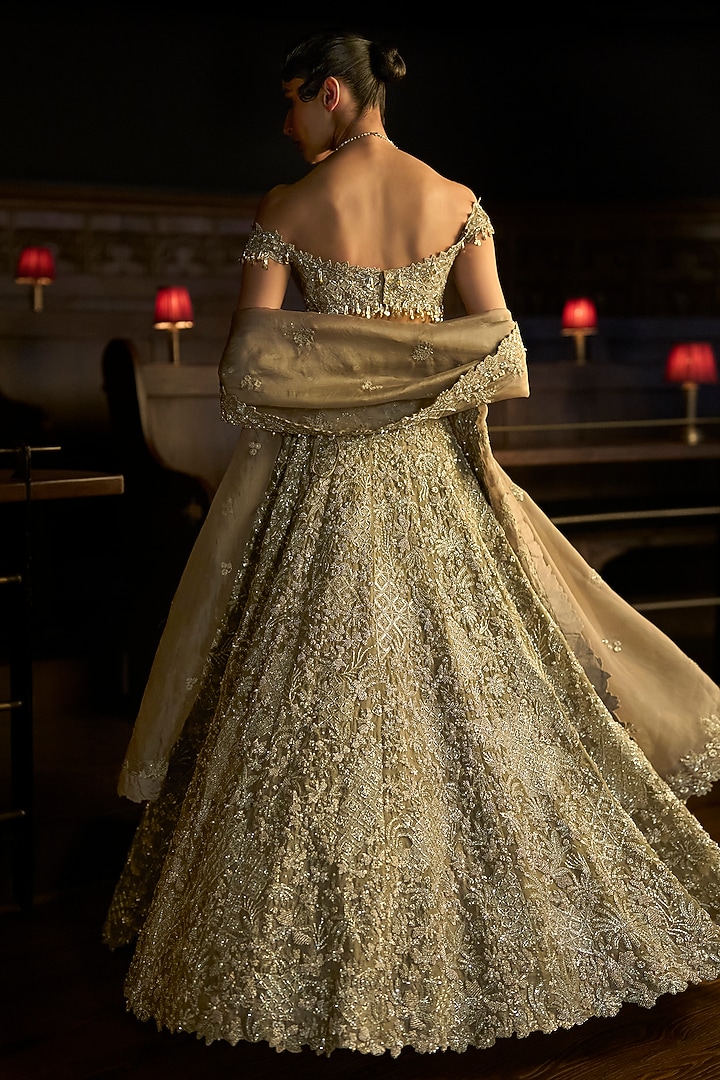 Bronze Satin Organza & Organza Embellished Bridal Lehenga Set by Varun Chakkilam at Pernia's Pop Up Shop