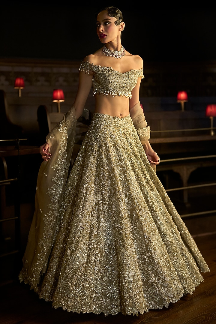 Bronze Satin Organza & Organza Embellished Bridal Lehenga Set by Varun Chakkilam at Pernia's Pop Up Shop
