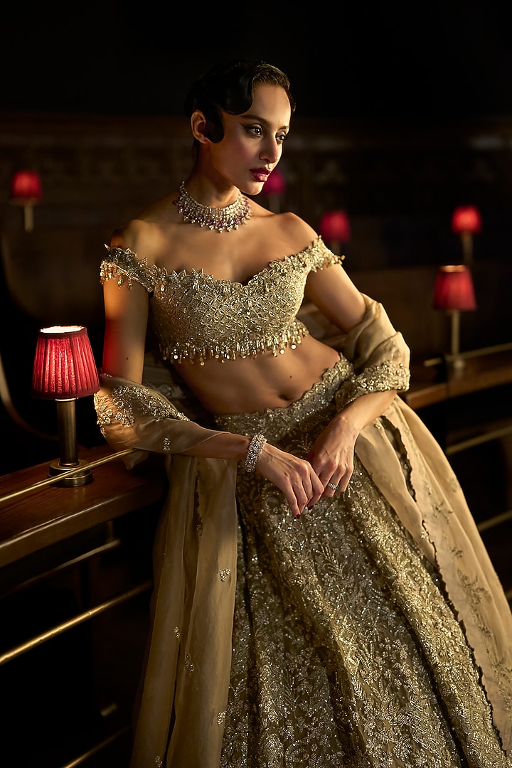 Bronze Satin Organza & Organza Embellished Bridal Lehenga Set by Varun Chakkilam at Pernia's Pop Up Shop