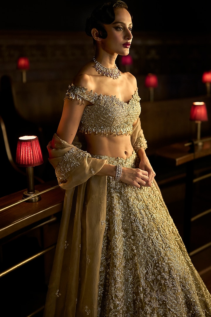 Bronze Satin Organza & Organza Embellished Bridal Lehenga Set by Varun Chakkilam at Pernia's Pop Up Shop