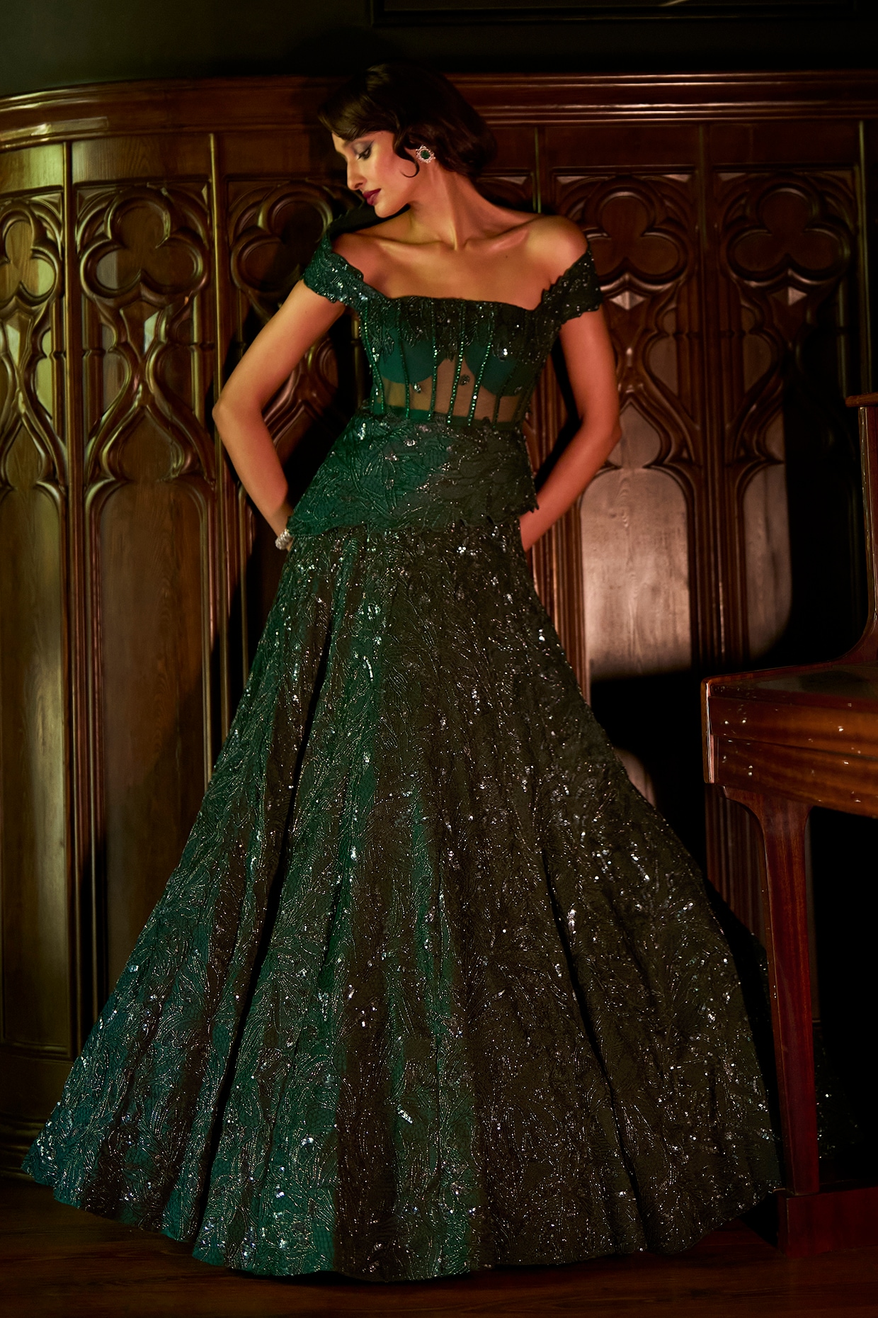 Varun Chakkilam Dark Green Satin Organza & Organza Embellished Lehenga Set