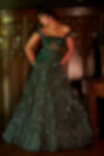 Dark Green Satin Organza & Organza Embellished Bridal Lehenga Set by Varun Chakkilam at Pernia's Pop Up Shop