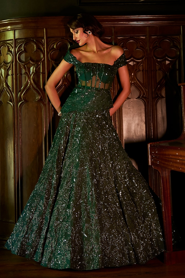Dark Green Satin Organza & Organza Embellished Bridal Lehenga Set by Varun Chakkilam at Pernia's Pop Up Shop
