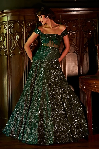 Dark Green Satin Organza & Organza Embellished Lehenga Set by Varun Chakkilam