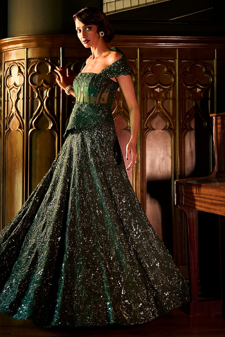 Dark Green Satin Organza & Organza Embellished Bridal Lehenga Set by Varun Chakkilam at Pernia's Pop Up Shop