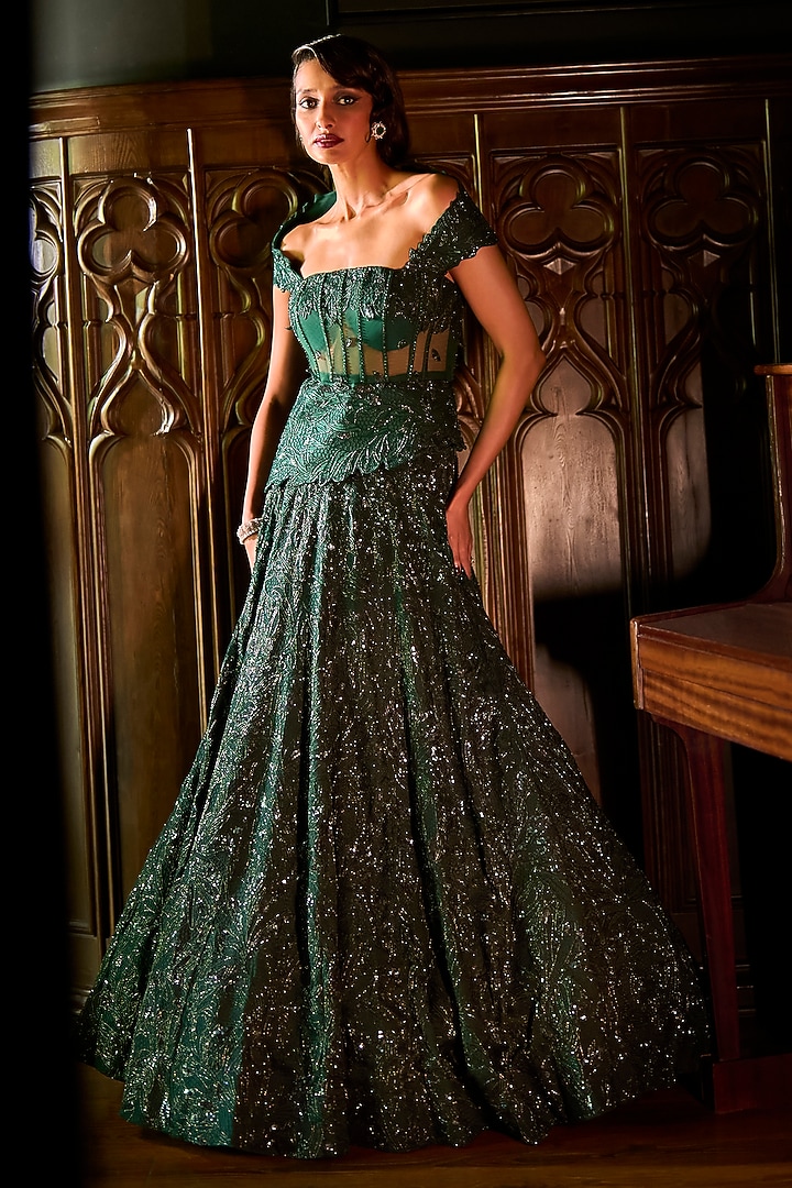 Dark Green Satin Organza & Organza Embellished Bridal Lehenga Set by Varun Chakkilam at Pernia's Pop Up Shop