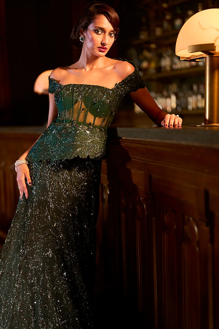Dark Green Satin Organza & Organza Embellished Bridal Lehenga Set by Varun Chakkilam at Pernia's Pop Up Shop