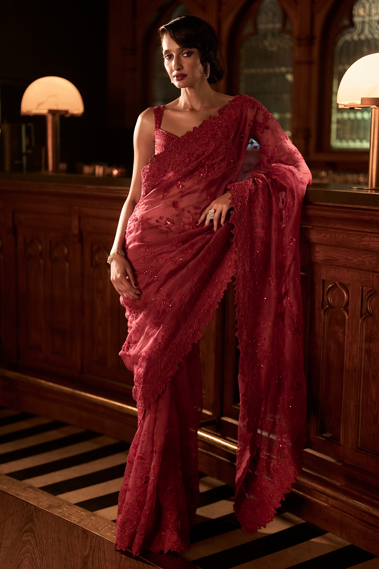 Varun Chakkilam Red Organza Embellished Saree Set