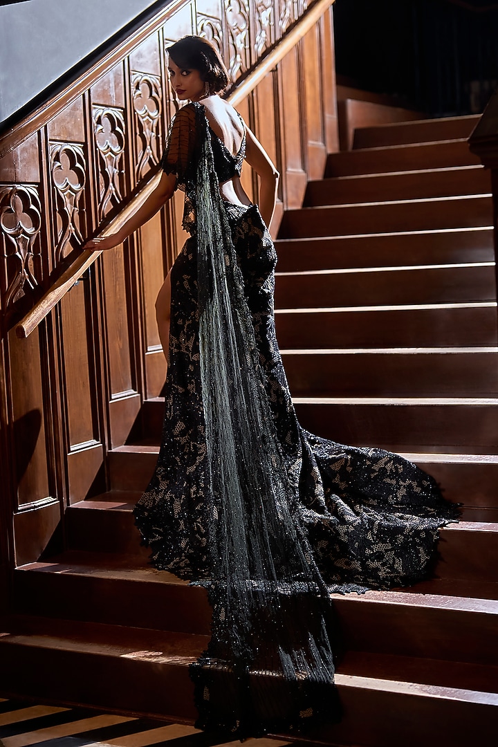 Black Satin Organza & Net Embroidered Skirt Bridal Saree Set by Varun Chakkilam at Pernia's Pop Up Shop