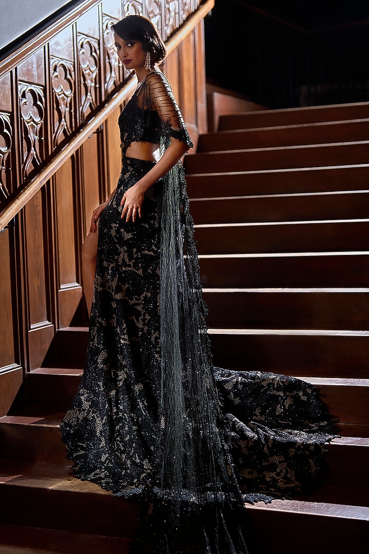 Black Satin Organza & Net Embroidered Skirt Bridal Saree Set by Varun Chakkilam at Pernia's Pop Up Shop