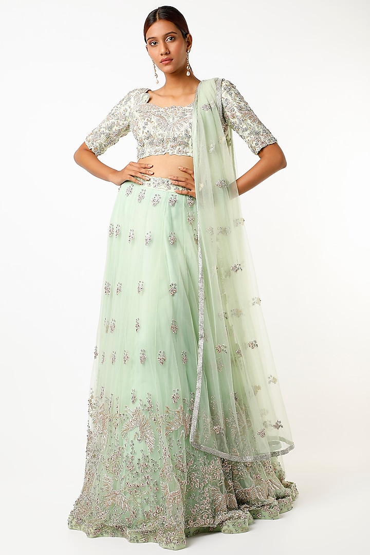 Light Green Zardosi Embroidered Lehenga Set by Varun Chakkilam