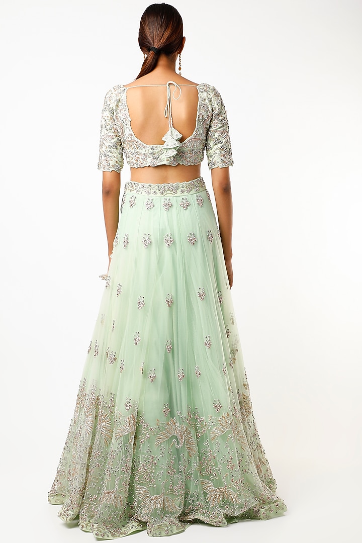 Light Green Zardosi Embroidered Wedding Lehenga Set by Varun Chakkilam at Pernia's Pop Up Shop