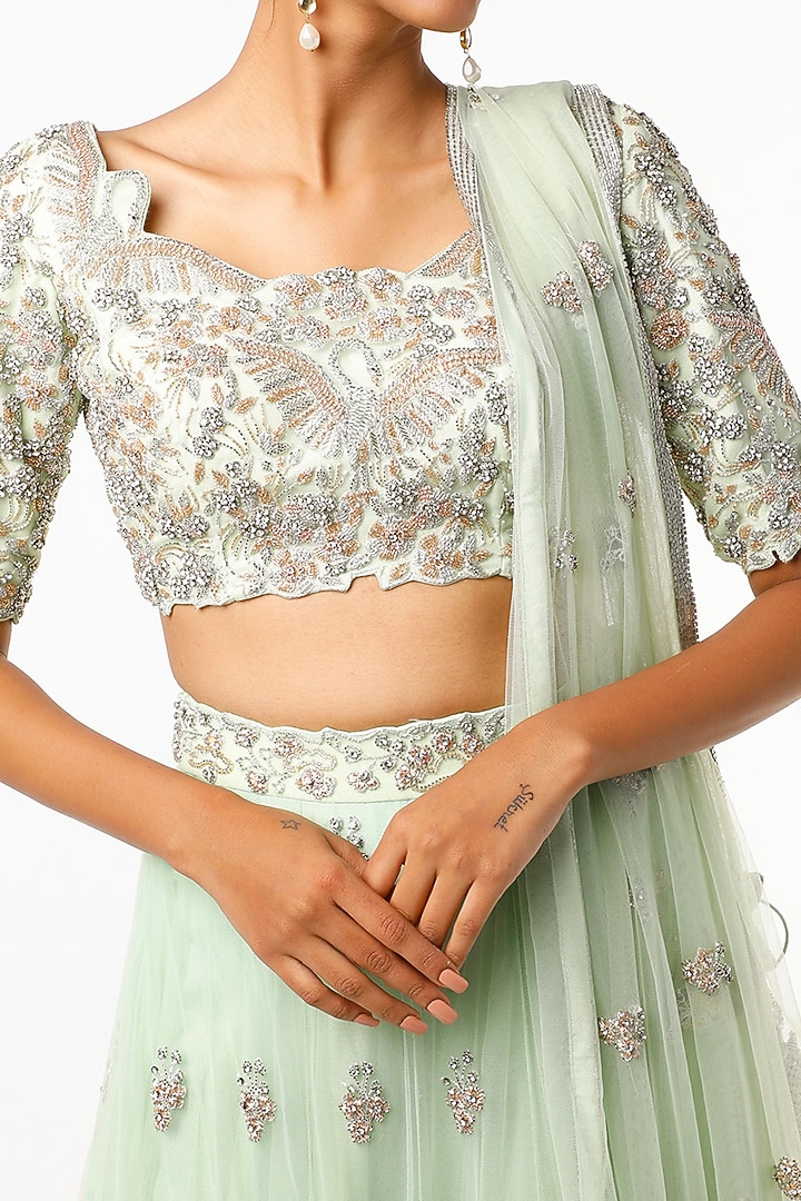 Light Green Zardosi Embroidered Wedding Lehenga Set by Varun Chakkilam at Pernia's Pop Up Shop