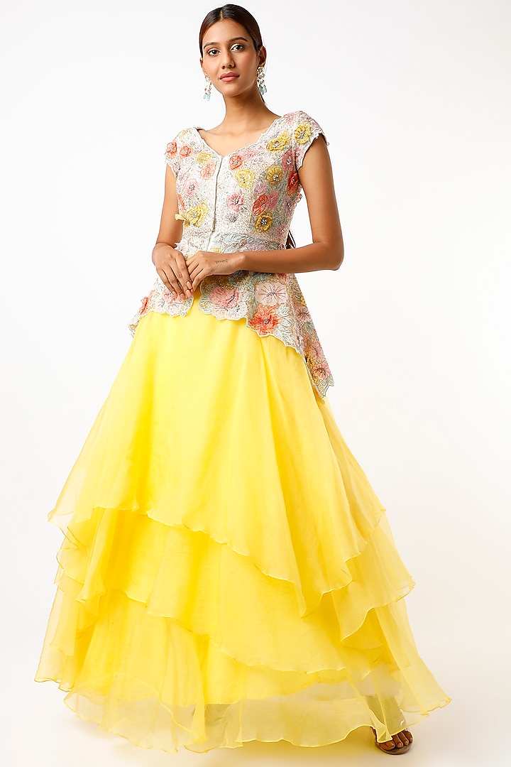 Yellow Organza Layered Skirt Set by Varun Chakkilam
