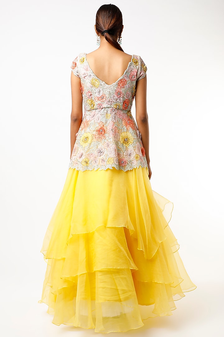 Yellow Organza Layered Skirt Set by Varun Chakkilam at Pernia's Pop Up Shop