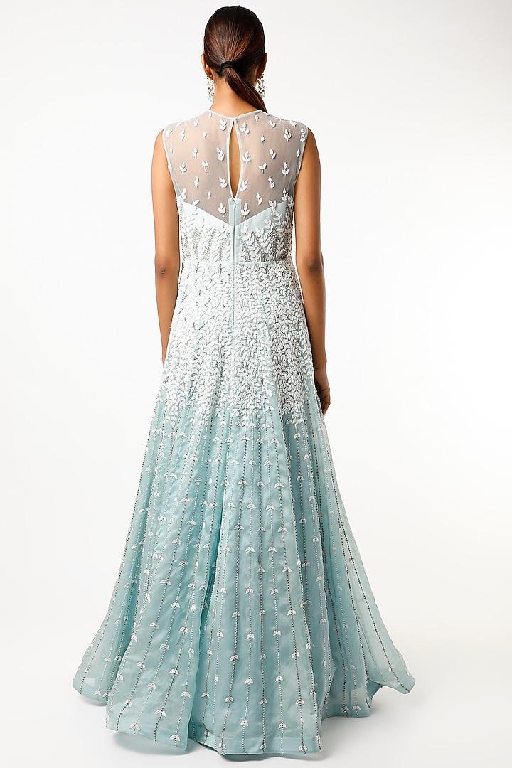 Ice Blue Zardosi Embroidered Gown by Varun Chakkilam at Pernia's Pop Up Shop