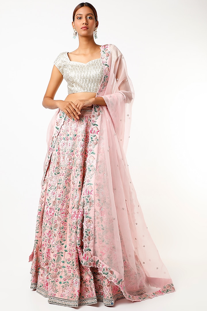 Blush Pink Applique Embroidered Lehenga Set by Varun Chakkilam