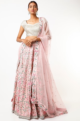 Blush Pink Applique Embroidered Lehenga Set by Varun Chakkilam