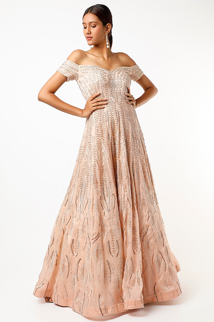 Nude Zardosi Embroidered Off-Shoulder Gown by Varun Chakkilam