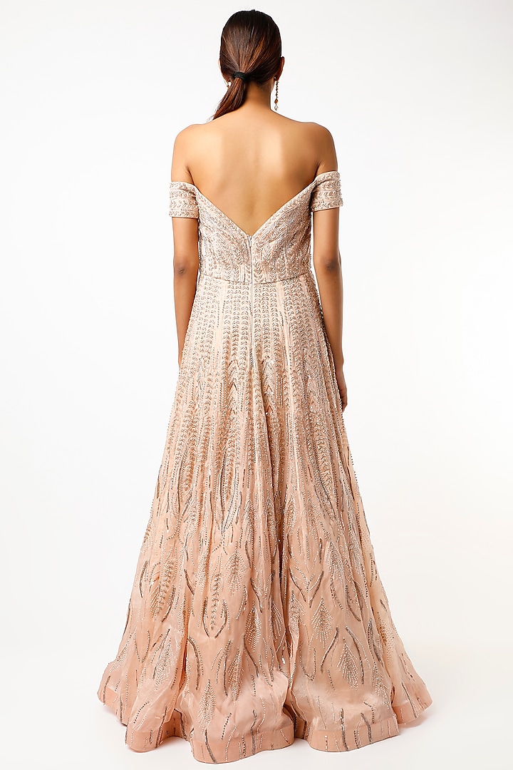 Nude Zardosi Embroidered Off-Shoulder Gown by Varun Chakkilam at Pernia's Pop Up Shop