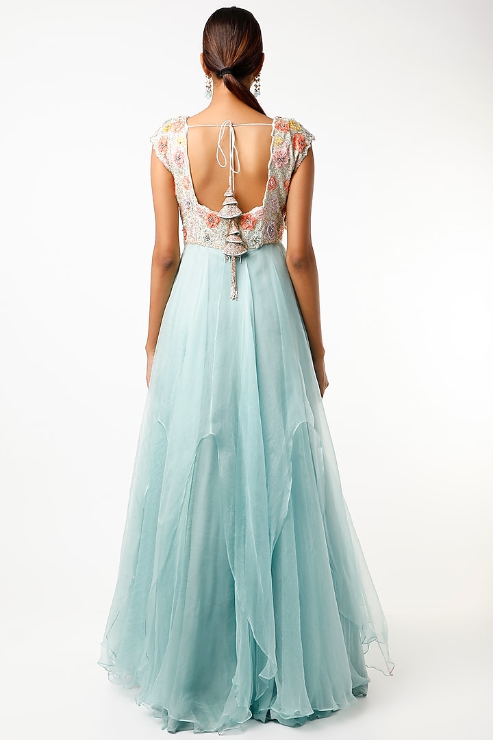 Powder Blue Sequins Embroidered Gown by Varun Chakkilam at Pernia's Pop Up Shop