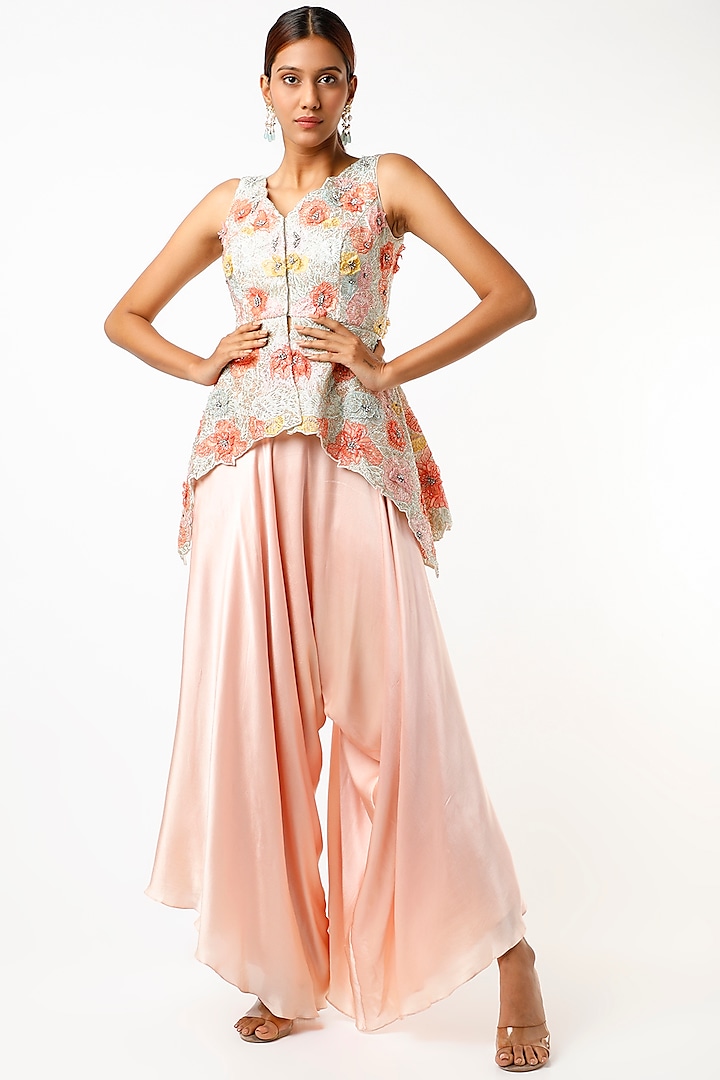 Peach Organza Harem Pant Set by Varun Chakkilam