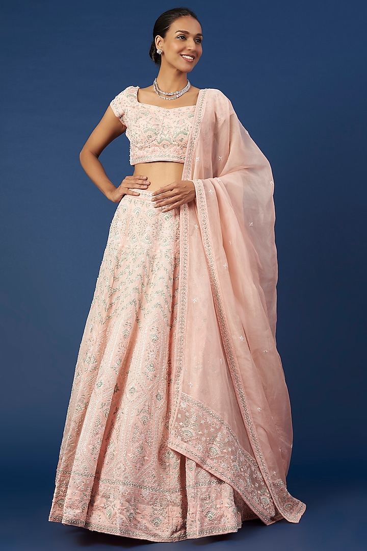 Blush Pink Embroidered Lehenga Set by Varun Chakkilam