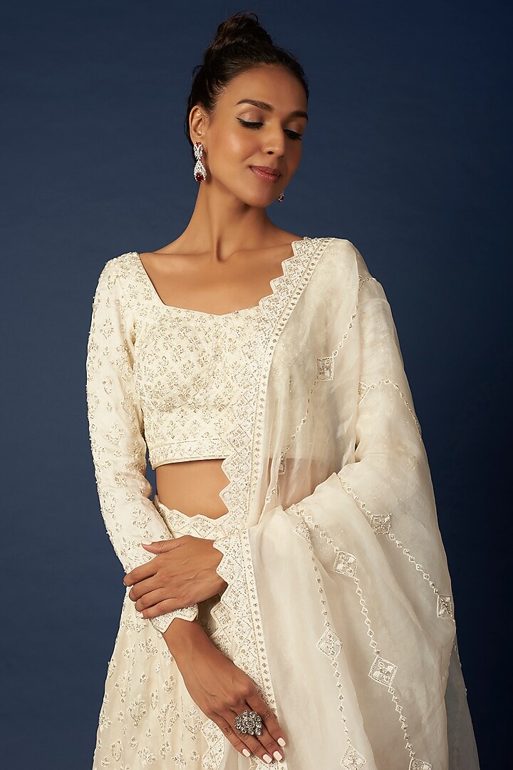 Chanterelle Beige Embroidered Bridal Lehenga Set by Varun Chakkilam at Pernia's Pop Up Shop