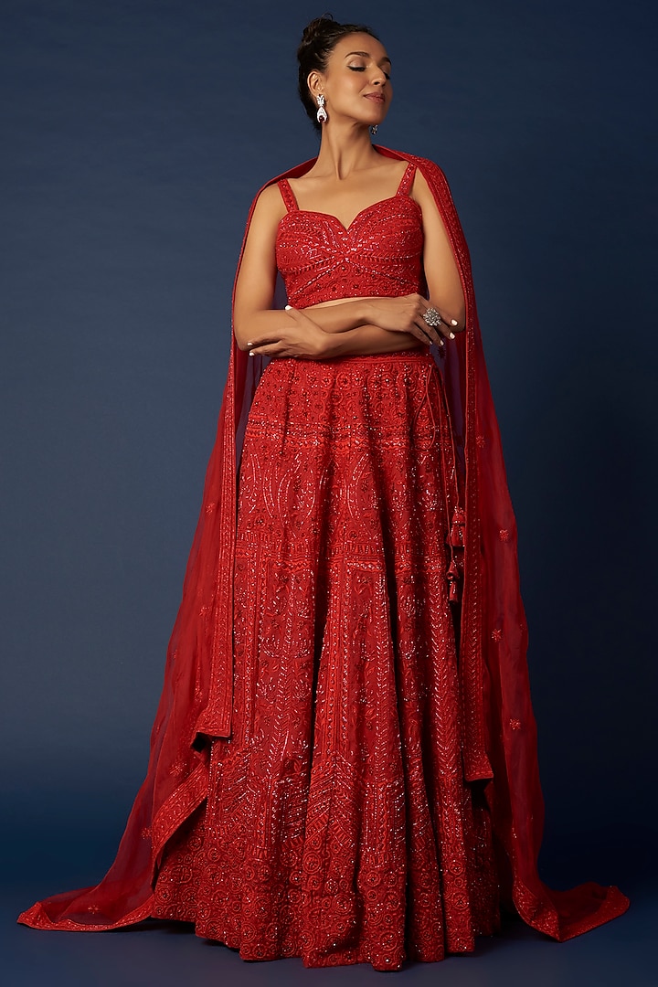 Crimson Red Embroidered Lehenga Set by Varun Chakkilam