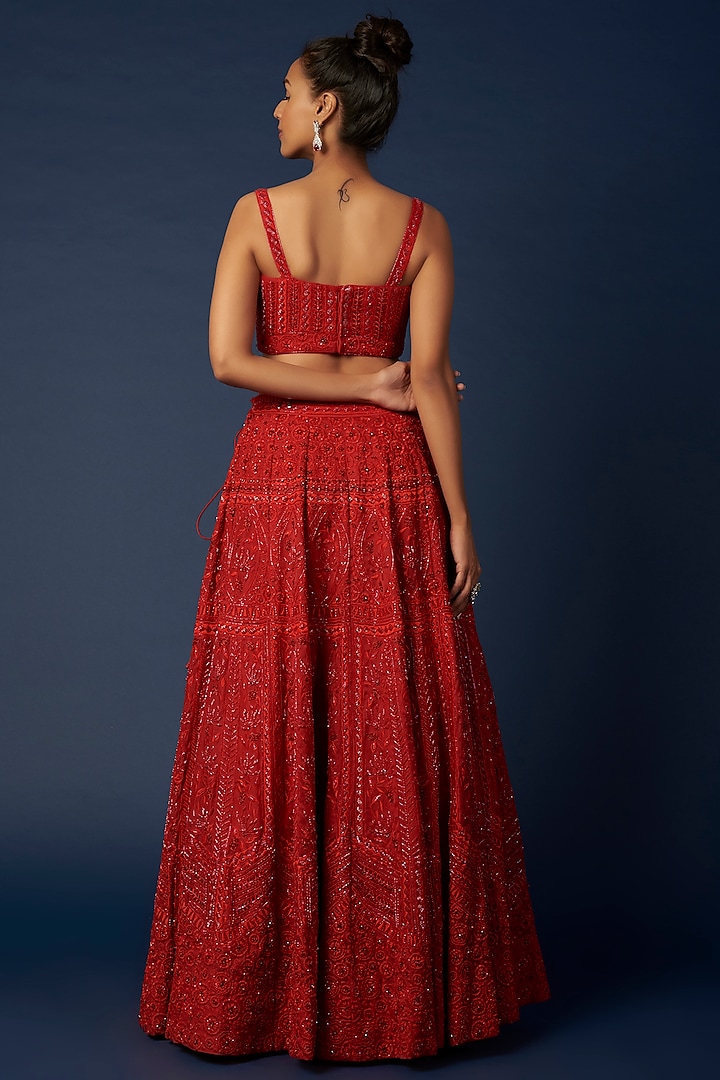 Crimson Red Embroidered Bridal Lehenga Set by Varun Chakkilam at Pernia's Pop Up Shop