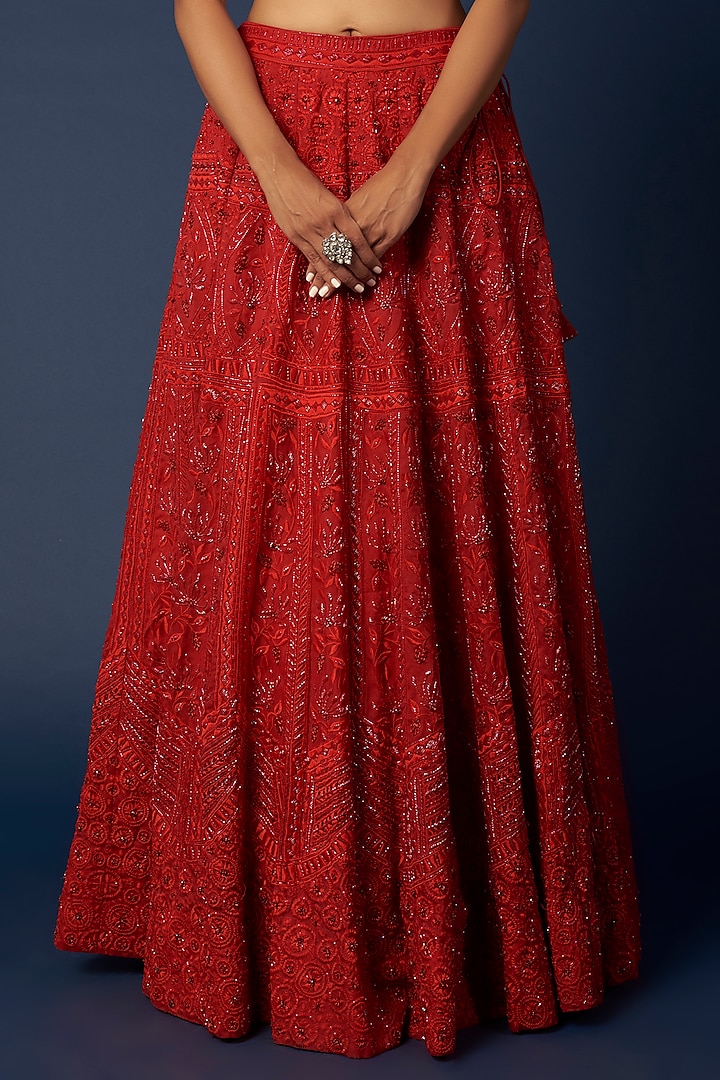 Crimson Red Embroidered Bridal Lehenga Set by Varun Chakkilam at Pernia's Pop Up Shop