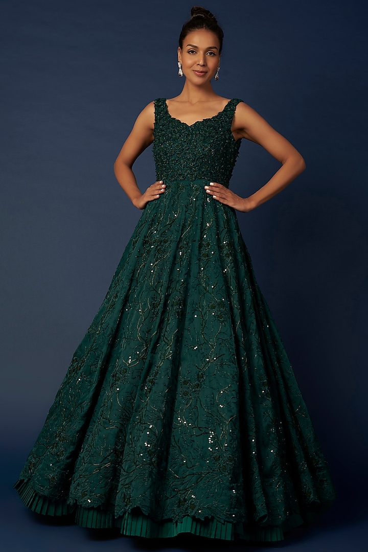 Emerald Green Embroidered Gown by Varun Chakkilam