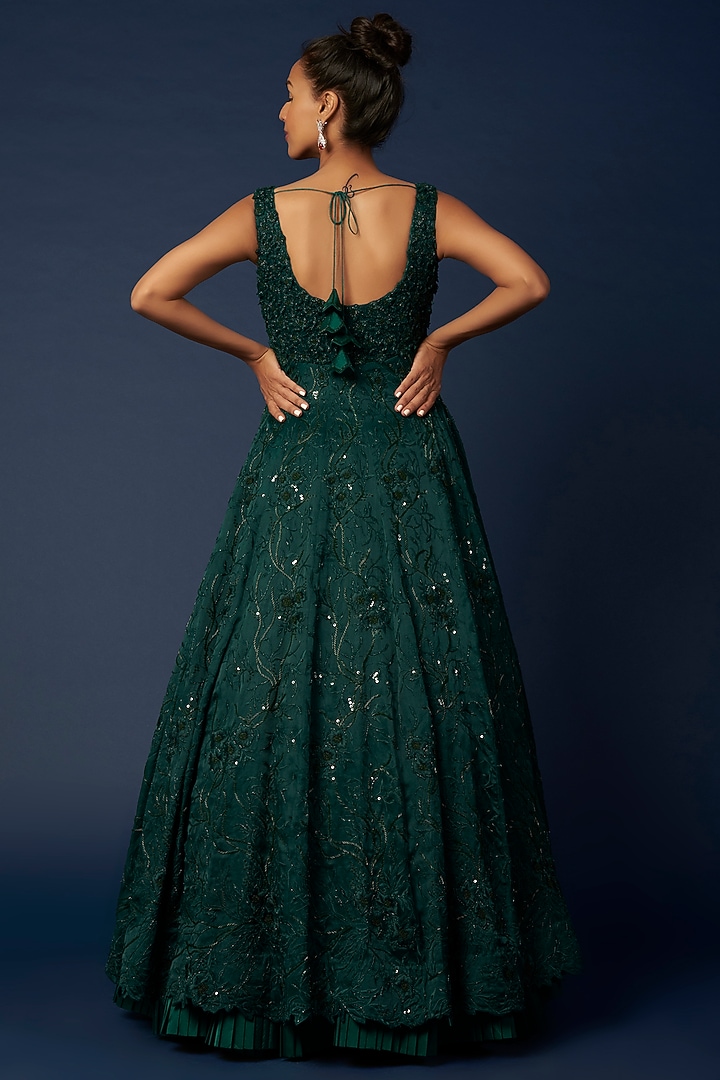 Emerald Green Embroidered Bridal Gown by Varun Chakkilam at Pernia's Pop Up Shop