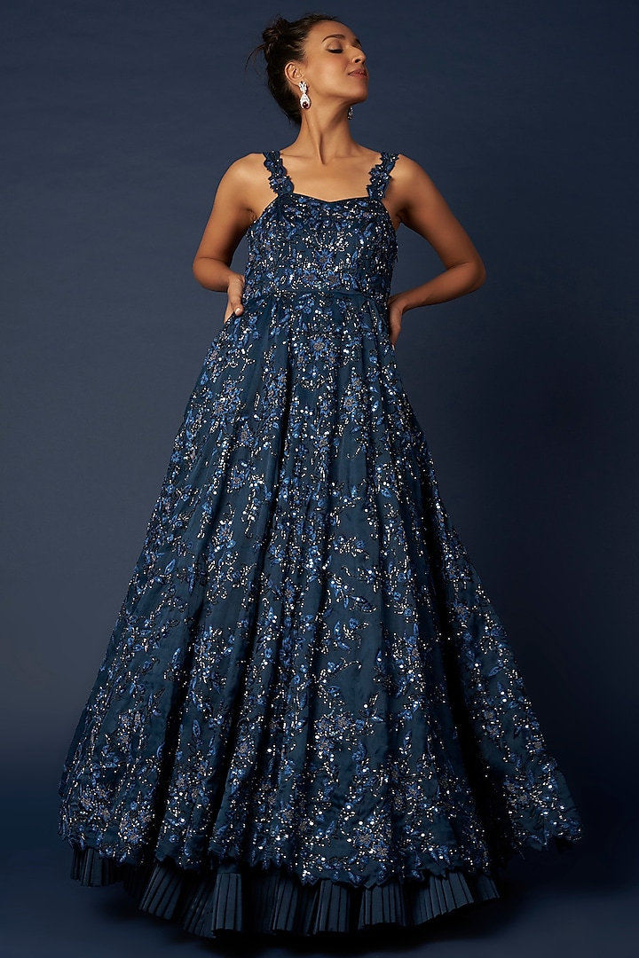 Sapphire Blue Embroidered Gown by Varun Chakkilam