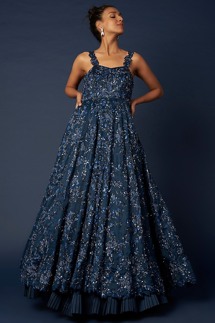 Sapphire Blue Embroidered Gown by Varun Chakkilam at Pernia's Pop Up Shop