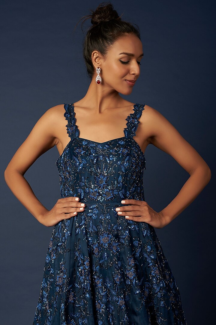 Sapphire Blue Embroidered Wedding Gown by Varun Chakkilam at Pernia's Pop Up Shop