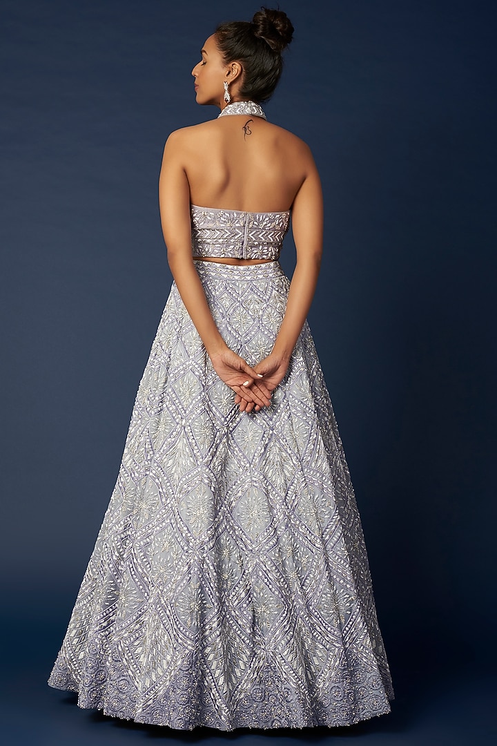 Lilac Blue Embroidered Bridal Lehenga Set by Varun Chakkilam at Pernia's Pop Up Shop