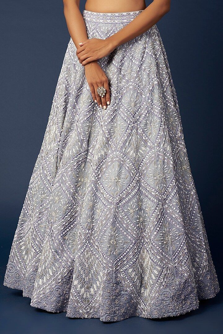 Lilac Blue Embroidered Bridal Lehenga Set by Varun Chakkilam at Pernia's Pop Up Shop