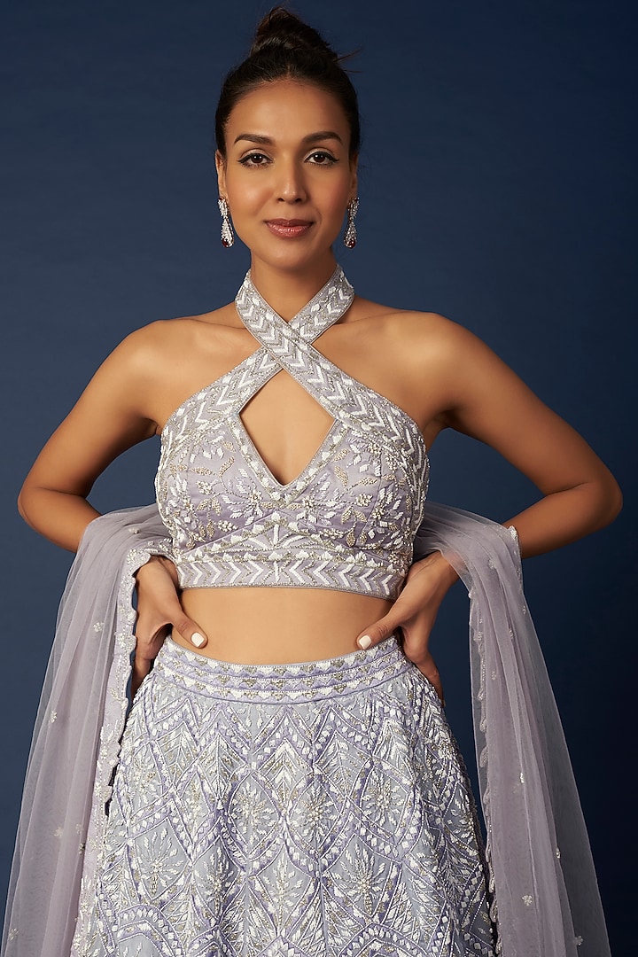 Lilac Blue Embroidered Bridal Lehenga Set by Varun Chakkilam at Pernia's Pop Up Shop