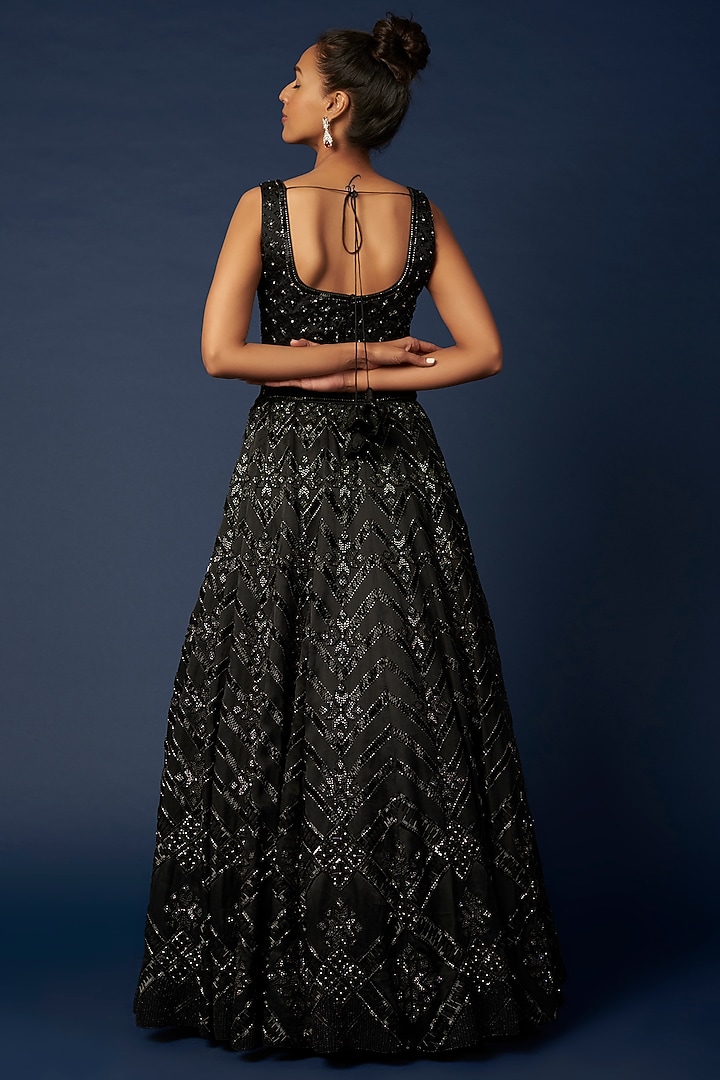 Black Celeste Embroidered Bridal Lehenga Set by Varun Chakkilam at Pernia's Pop Up Shop