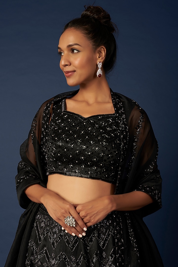 Black Celeste Embroidered Bridal Lehenga Set by Varun Chakkilam at Pernia's Pop Up Shop