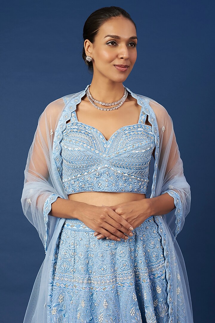 Sky Blue Embroidered Bridal Lehenga Set by Varun Chakkilam at Pernia's Pop Up Shop