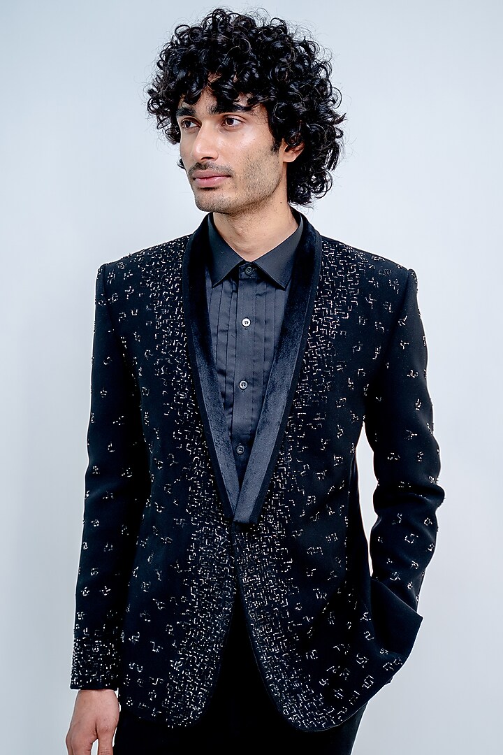 Black Metallic Poly Blend Embroidered Tuxedo Set by Varun Chakkilam Men at Pernia's Pop Up Shop