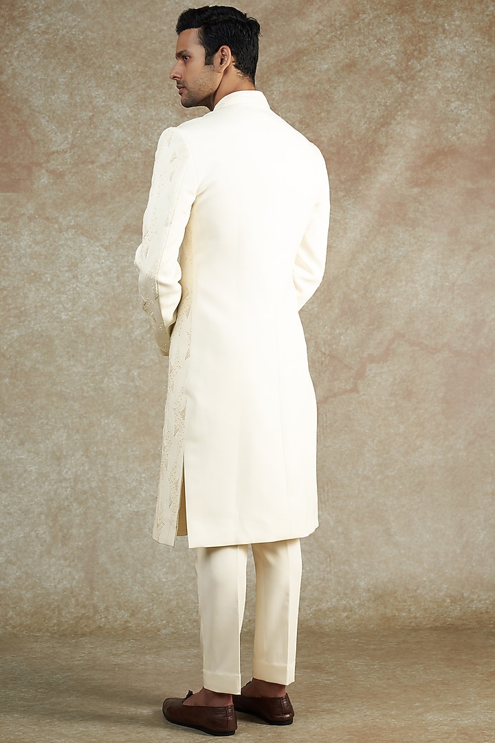 Ivory Poly Blend Embroidered Groom Sherwani Set by Varun Chakkilam Men at Pernia's Pop Up Shop
