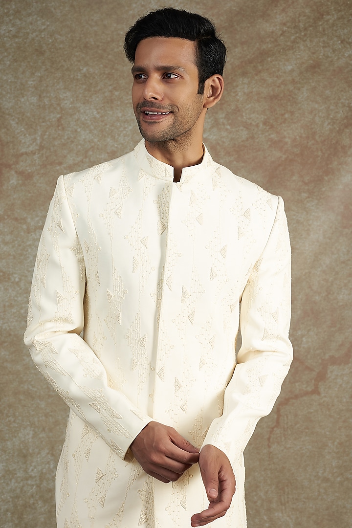 Ivory Poly Blend Embroidered Groom Sherwani Set by Varun Chakkilam Men at Pernia's Pop Up Shop