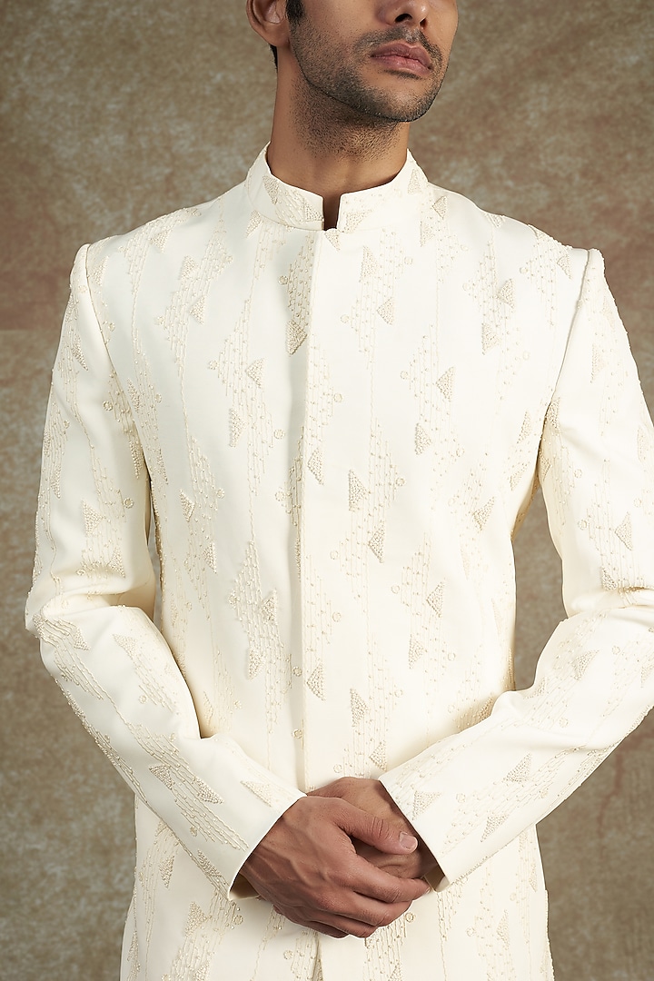 Ivory Poly Blend Embroidered Groom Sherwani Set by Varun Chakkilam Men at Pernia's Pop Up Shop