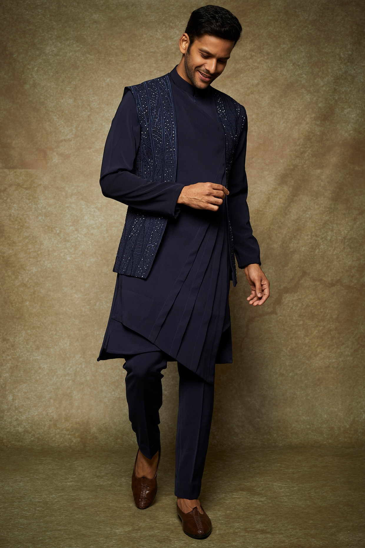 Buy Navy Blue Jacket Kurta Set In Silk With Detailed Threadwork Patterns  KALKI Fashion India