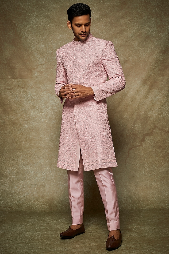 Pink Silk Embroidered Sherwani Set by Varun Chakkilam Men